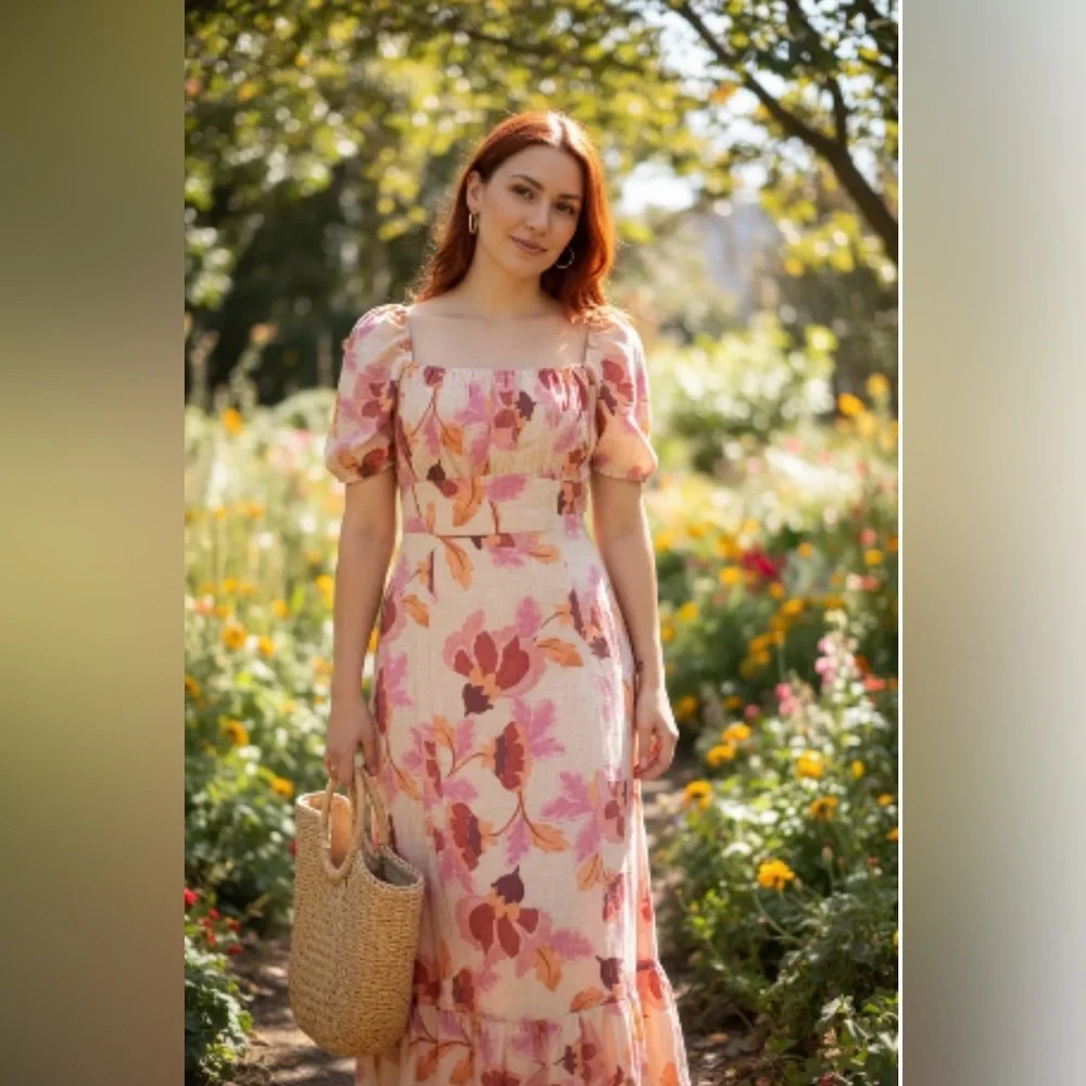London Times Pink Floral Square-neck Puff Sleeve Empire Waist Midi Dress - Picture 4 of 9